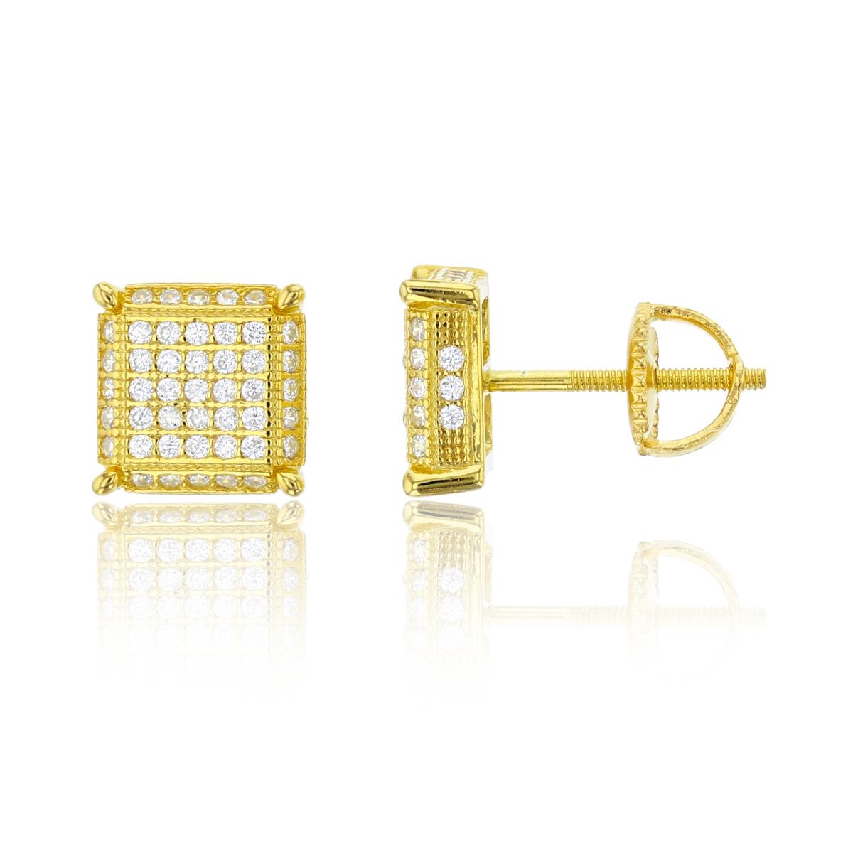 Sterling Silver Yellow Micropave 8.50mm 3D Square Screw-Back Stud Earring