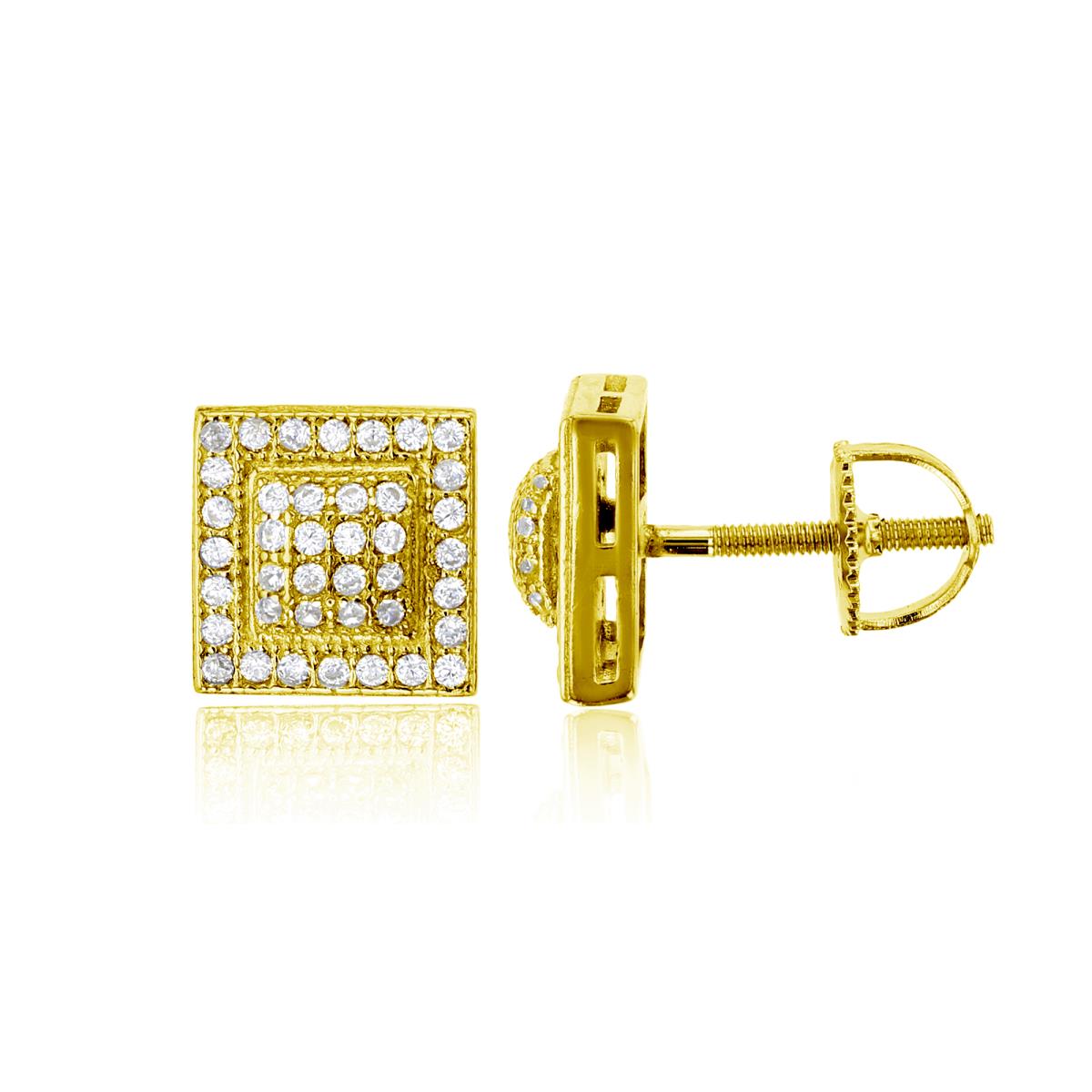 Sterling Silver Yellow Micropave 9.30mm Square Screw-Back Mens Stud Earring