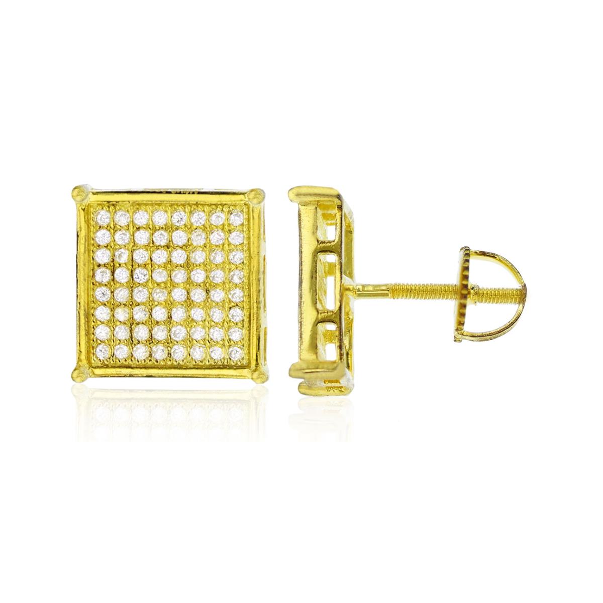Sterling Silver Yellow Micropave Square 12.30x12.30mm Screw-Back Stud Earring