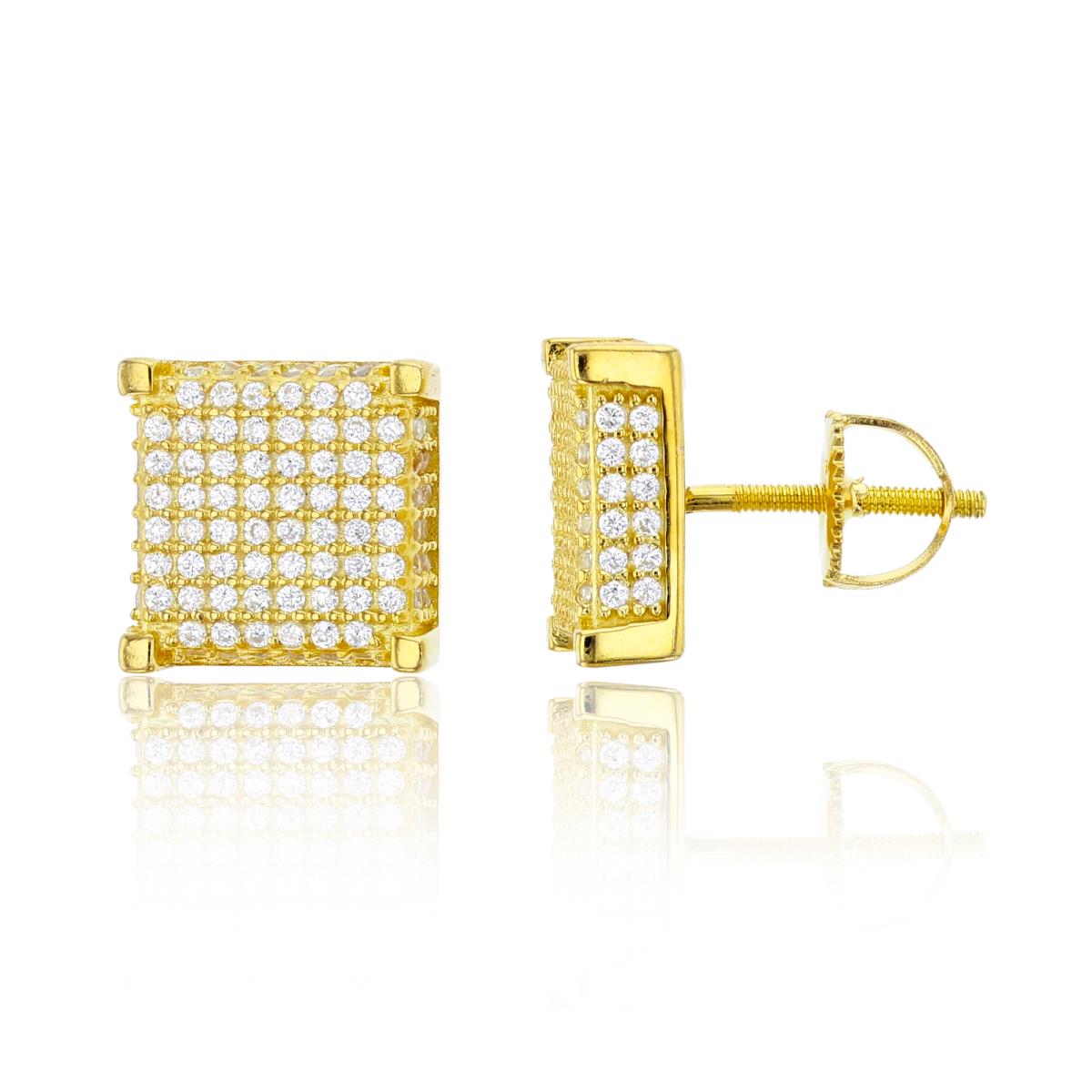 Sterling Silver Yellow Micropave 8x8 Square Screw-Back Mens Stud Earring