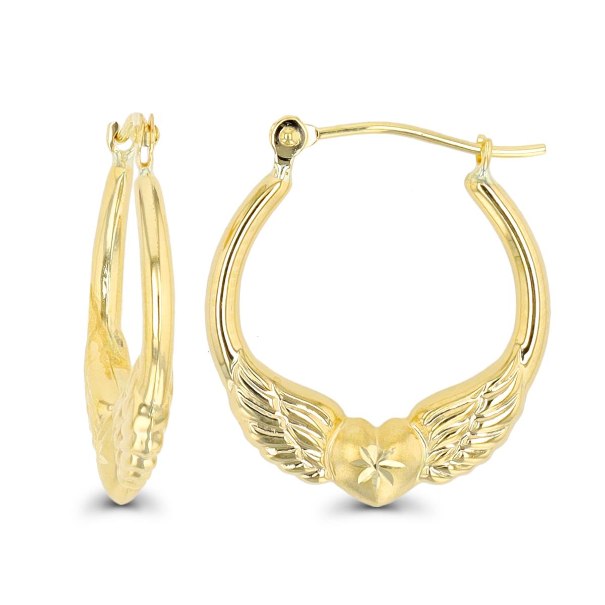 14K Yellow Gold Wings & Heart Hoop Earrings