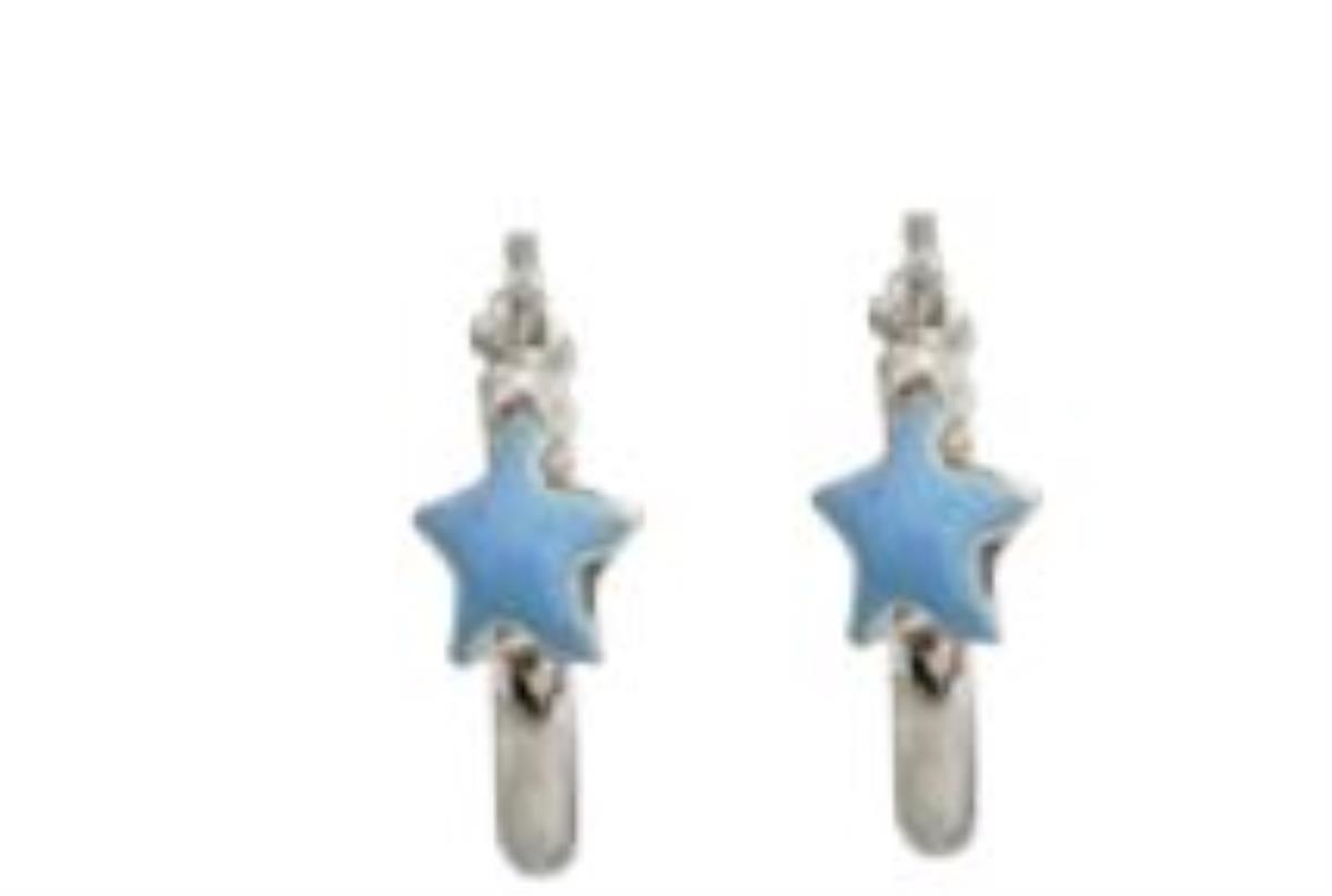 Sterling Silver Rhodium Children's Blue Enamel Star Huggie Earring