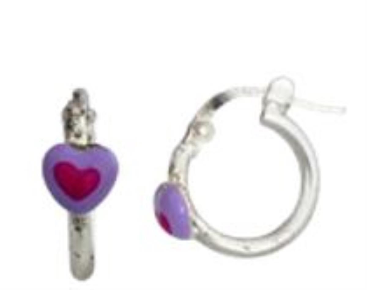 Sterling Silver Rhodium Children's Purple and Red Heart Huggie Earring