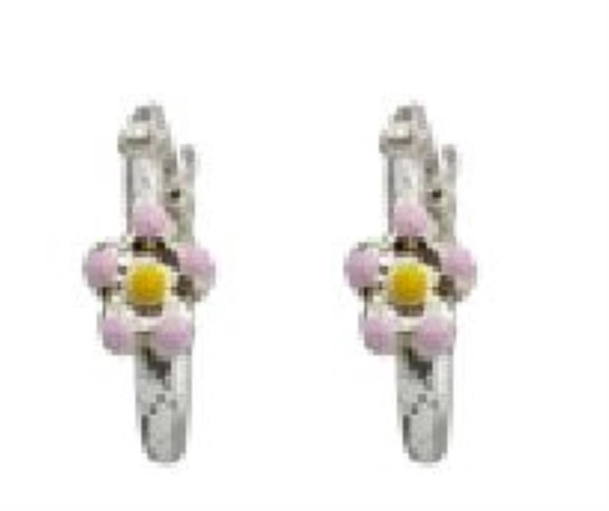 Sterling Silver Rhodium Children's Baby Pink and Yellow Enamel Daisy Huggie Earring