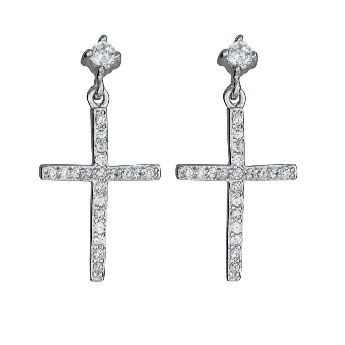 Sterling Silver Rhodium Pave Cross Dangling Earring