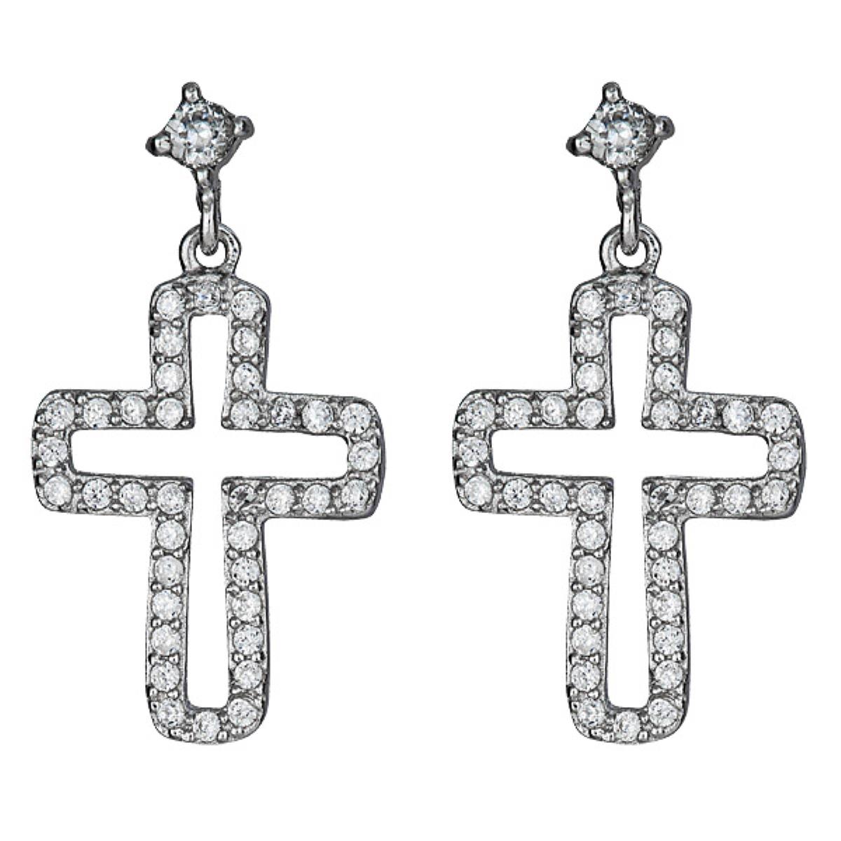 Sterling Silver Rhodium Cross Dangling Earring