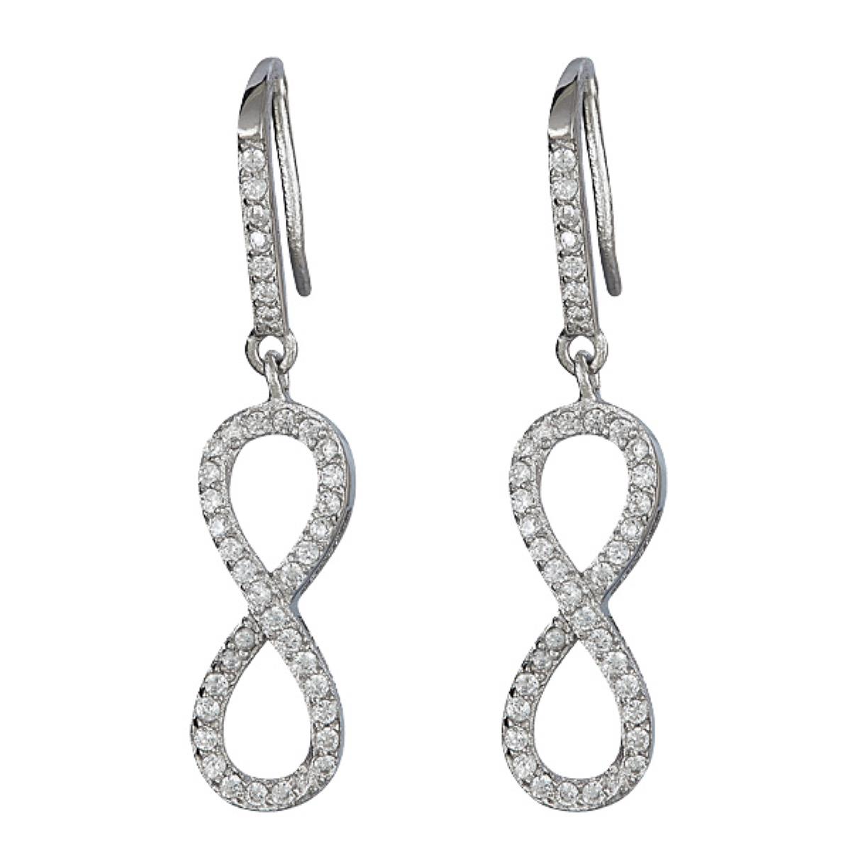 Sterling Silver Rhodium Pave Infinity Fish Hook Dangling Earring