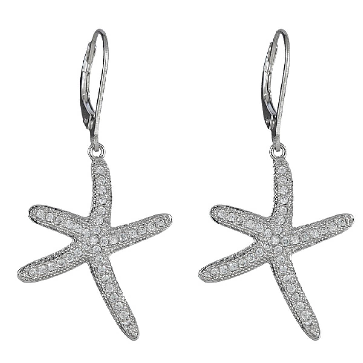 Sterling Silver Rhodium Pave Starfish Dangling Earring
