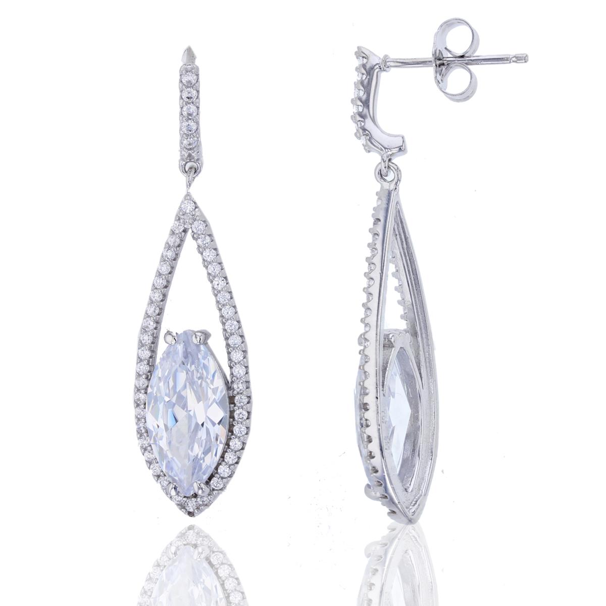 Sterling Silver Rhodium Oval Cut Solitaire Pave Dangling Earring