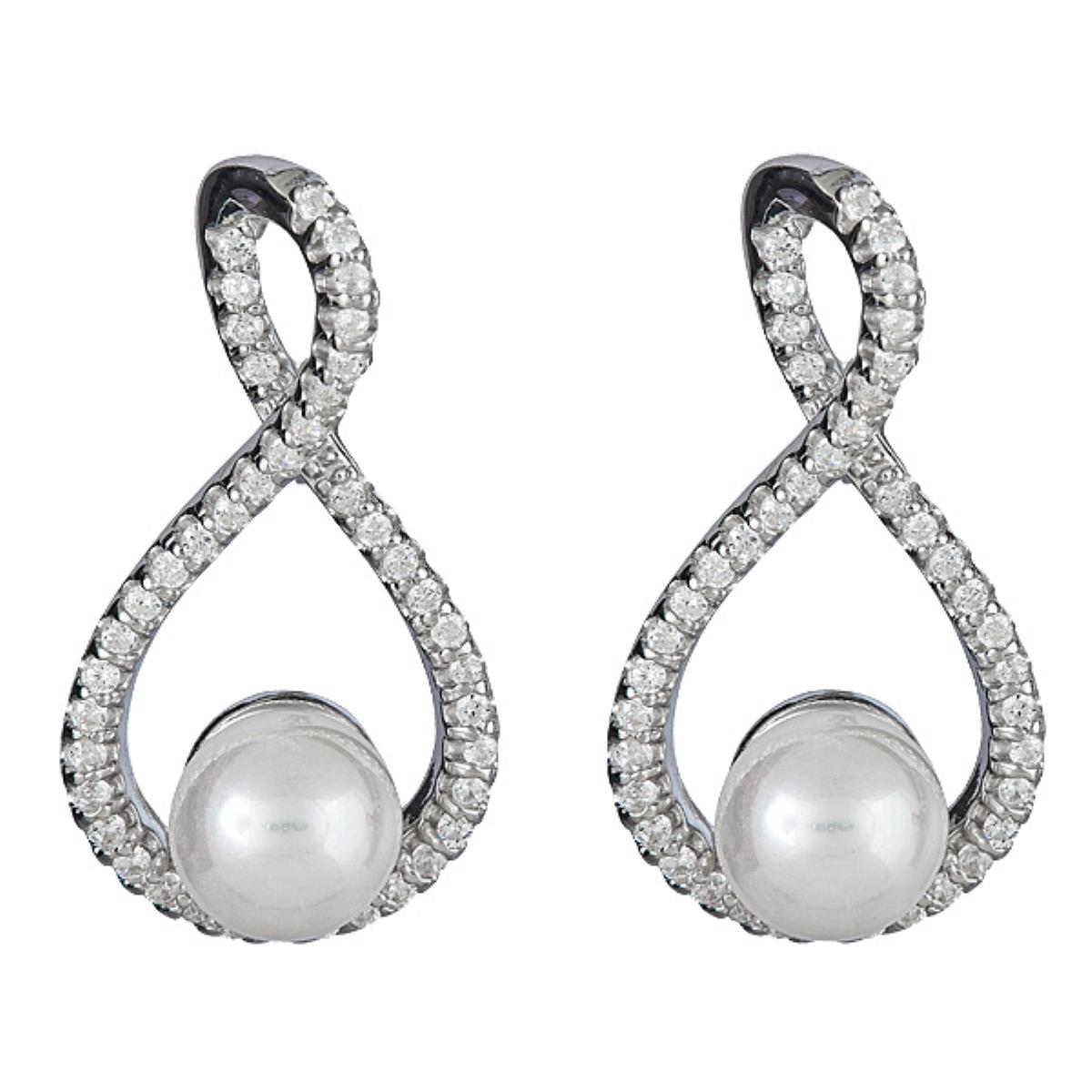 Sterling Silver Rhodium Infinity Pave & Faux Pearl Dangling Earring