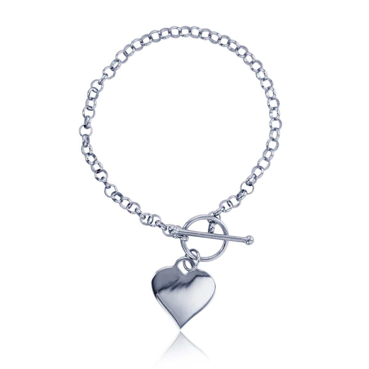 Sterling Silver Rhodium Heart & Toggle 7.5" Bracelet