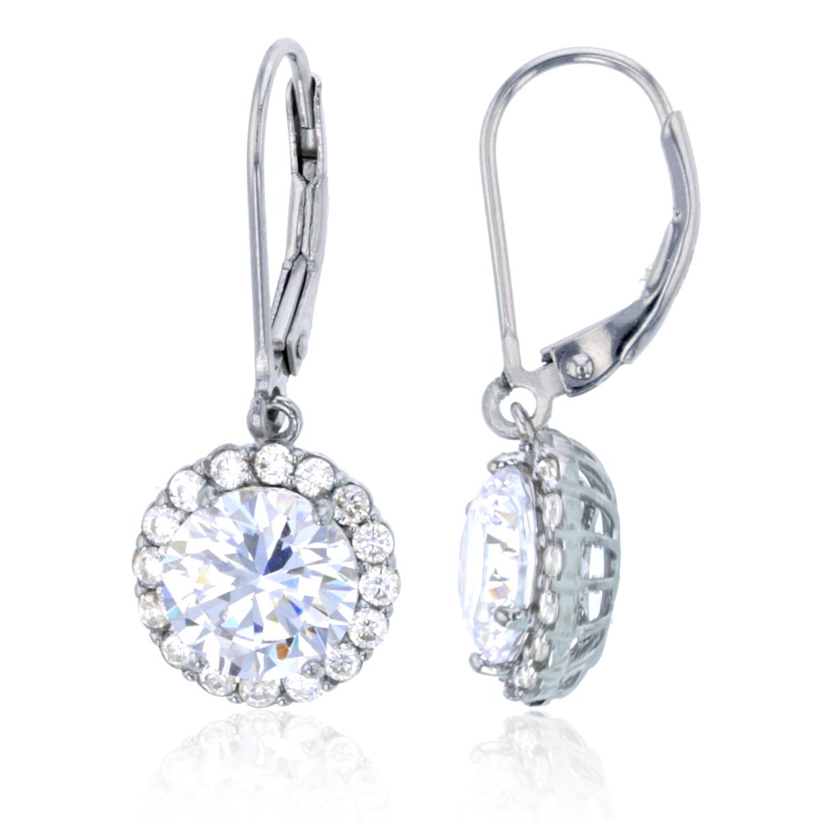 Sterling Silver Rhodium Pave Halo Earring 8mm with Lever Backs
