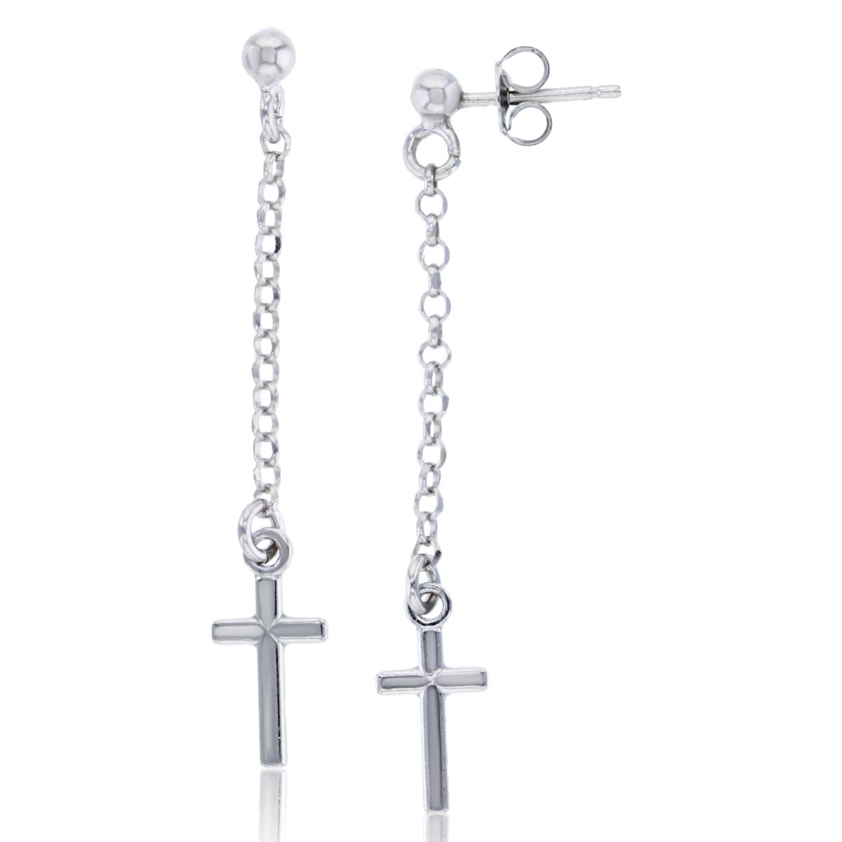 Sterling Silver Rhodium Dangling Cross Rosary Earrings