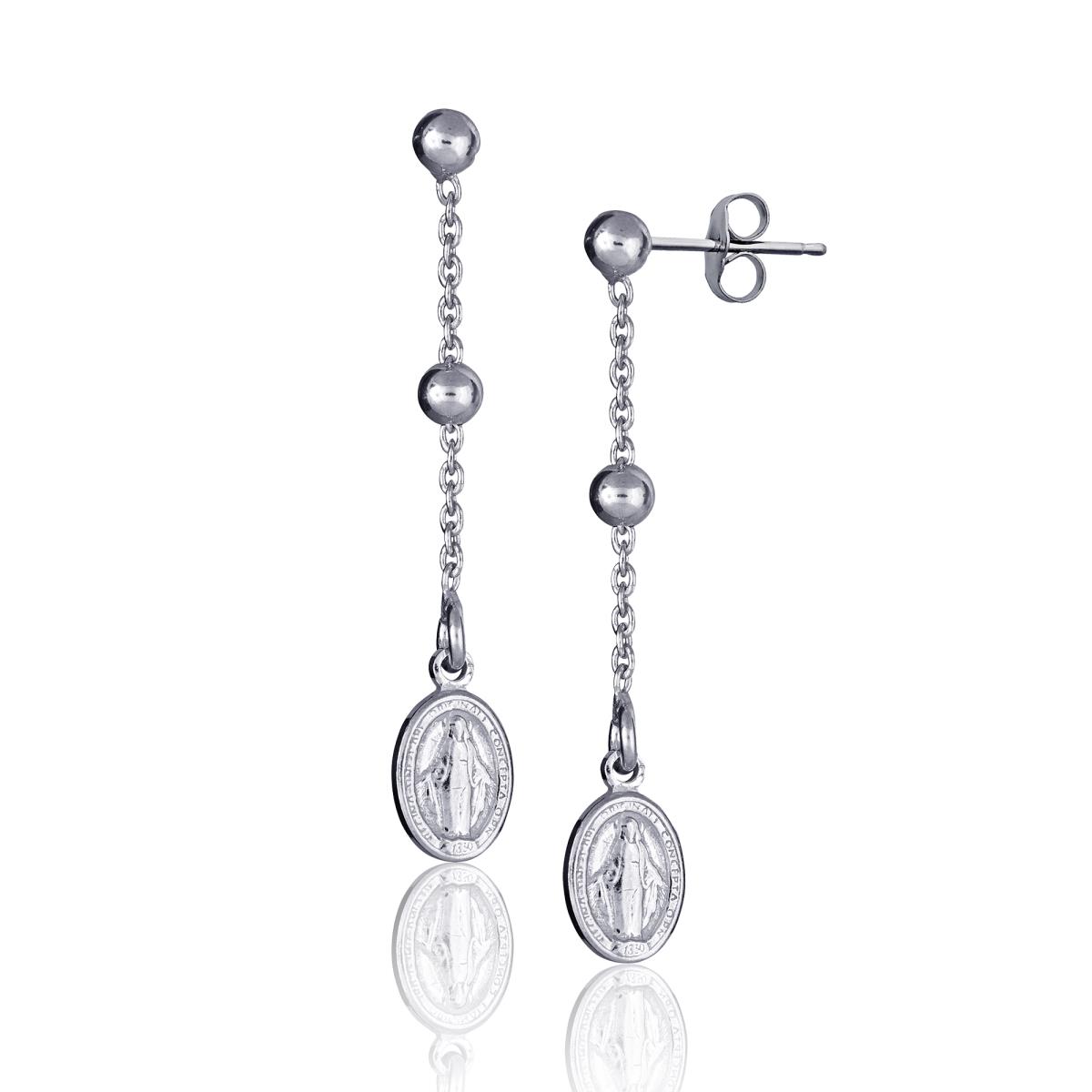 Sterling Silver Rhodium Virgin Mary Dangling Rosary Earrings