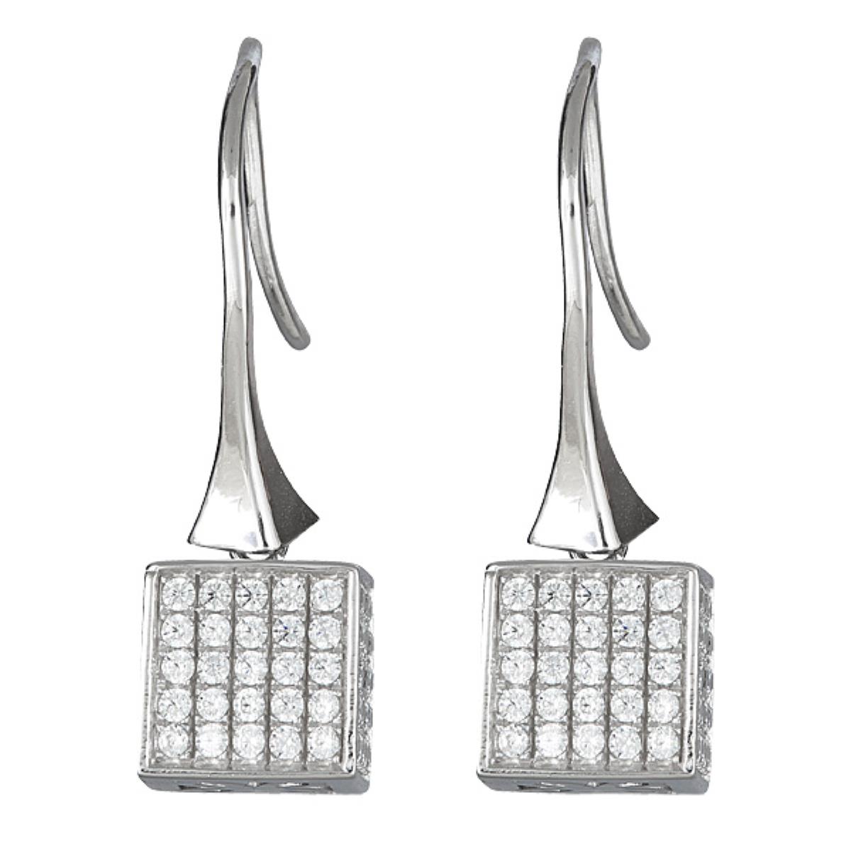 Sterling Silver Rhodium Micropave Square Cube Dangling Earring