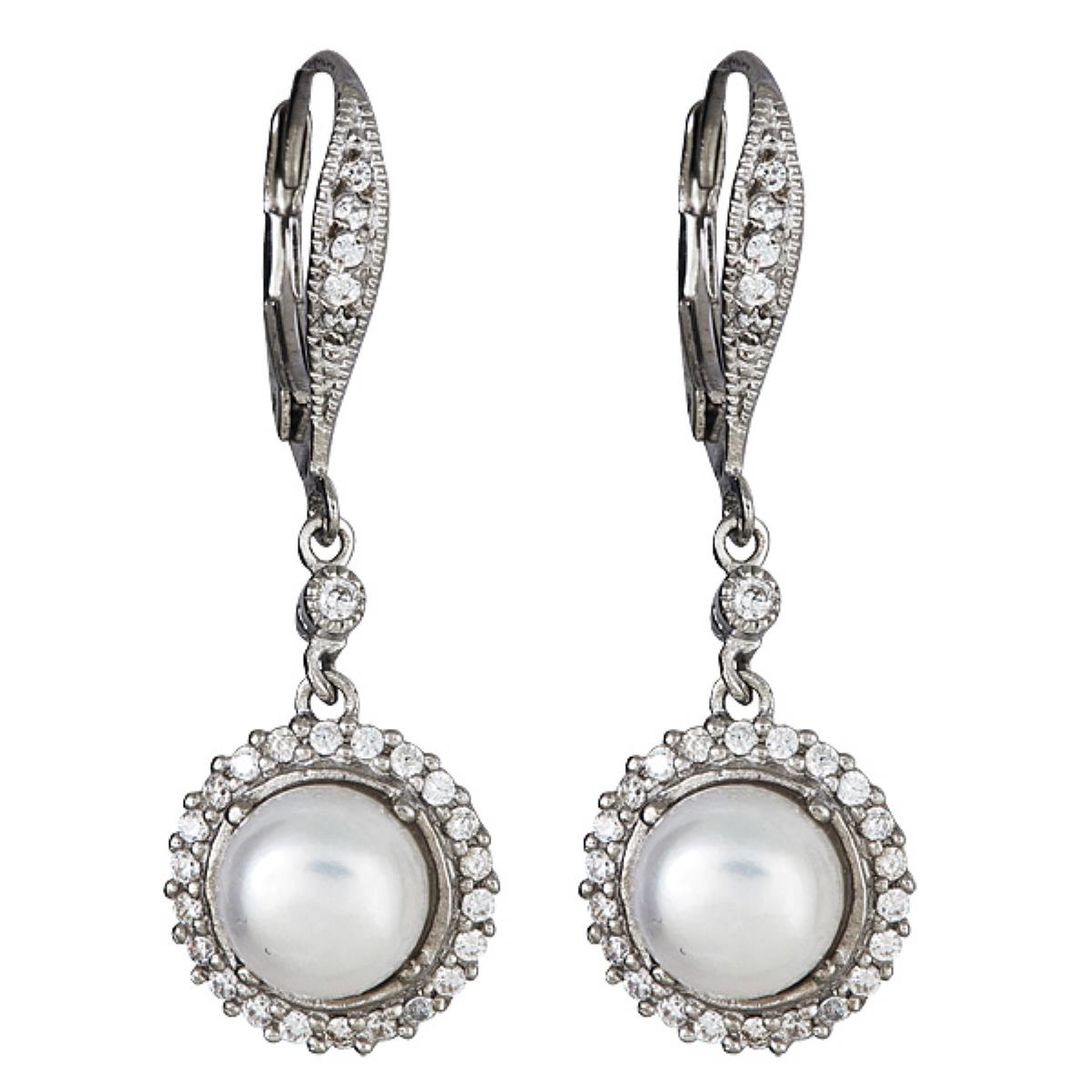 Sterling Silver Rhodium 8mm Pearl & Pave Leverback Dangling Earring