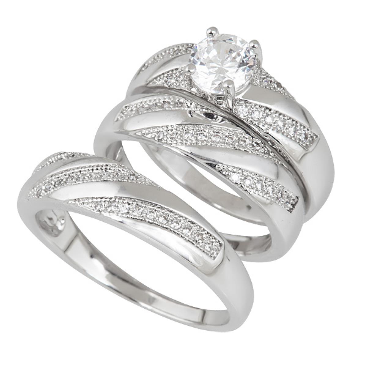 Sterling Silver Rhodium Round Cut Solitaire Micropave Wedding Set