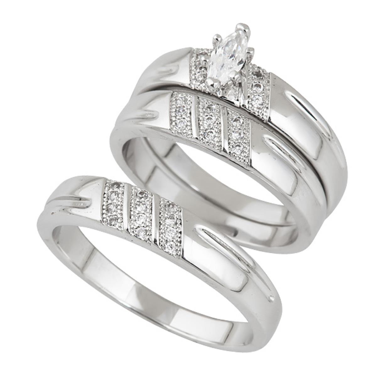 Sterling Silver Rhodium Marquis Cut Solitaire Micropave Wedding Set