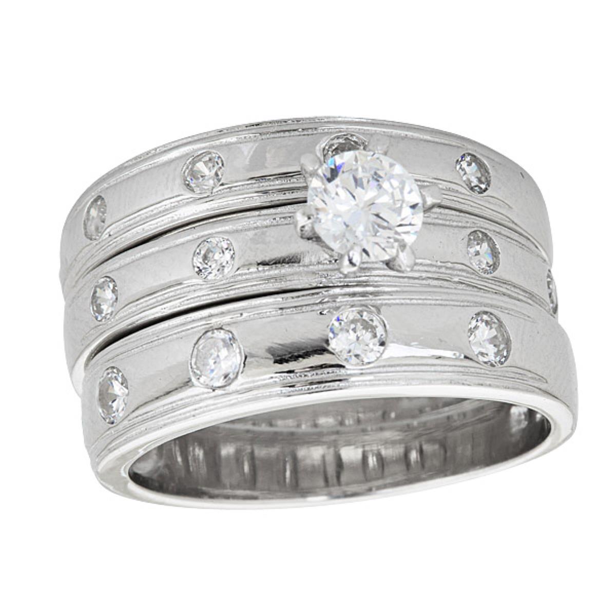 Sterling Silver Rhodium Micropave Round Cut Wedding Set with Cubic Zirconia