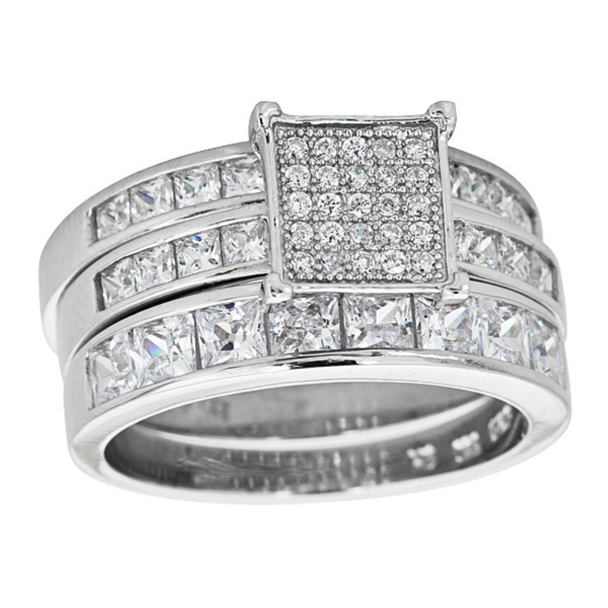 Sterling Silver Rhodium Micropave Princess Cut Wedding Set with Cubic Zirconia