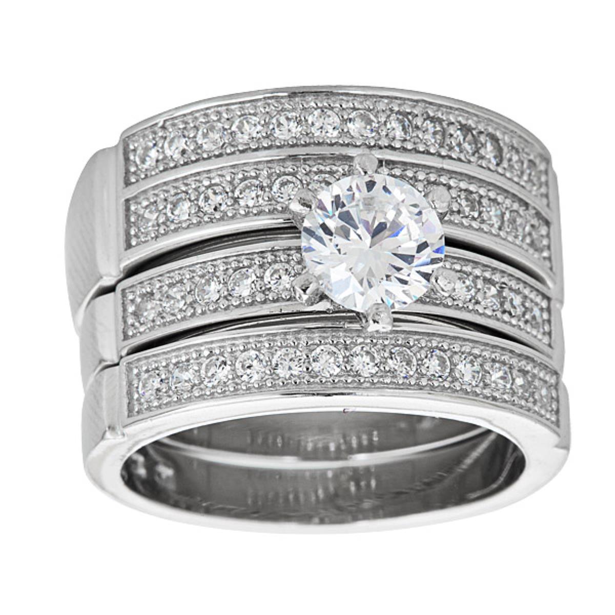 Sterling Silver Rhodium Micropave Round Cut Wedding Set with Cubic Zirconia