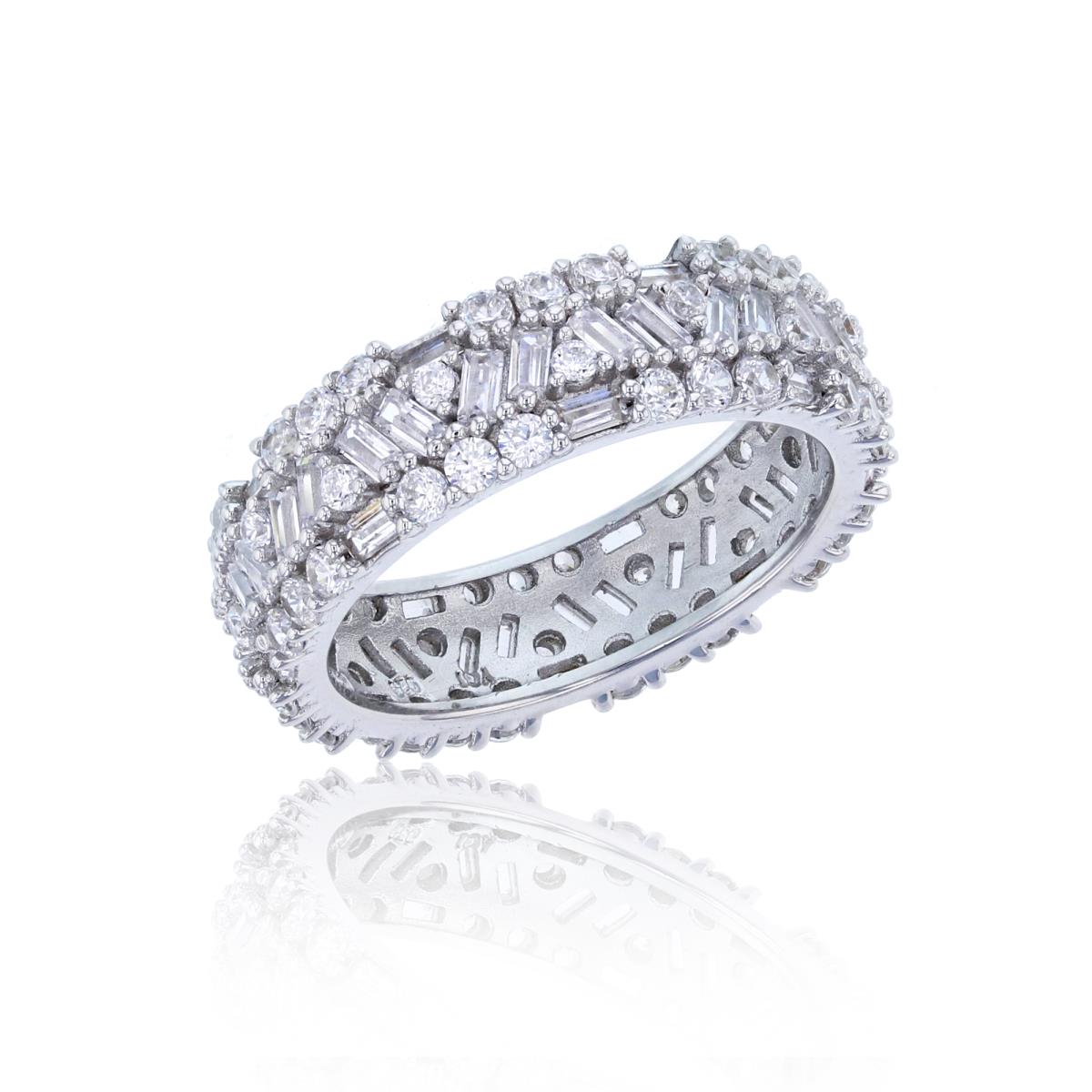 Sterling Silver Rhodium Round Cut & Baguette Eternity Band Ring