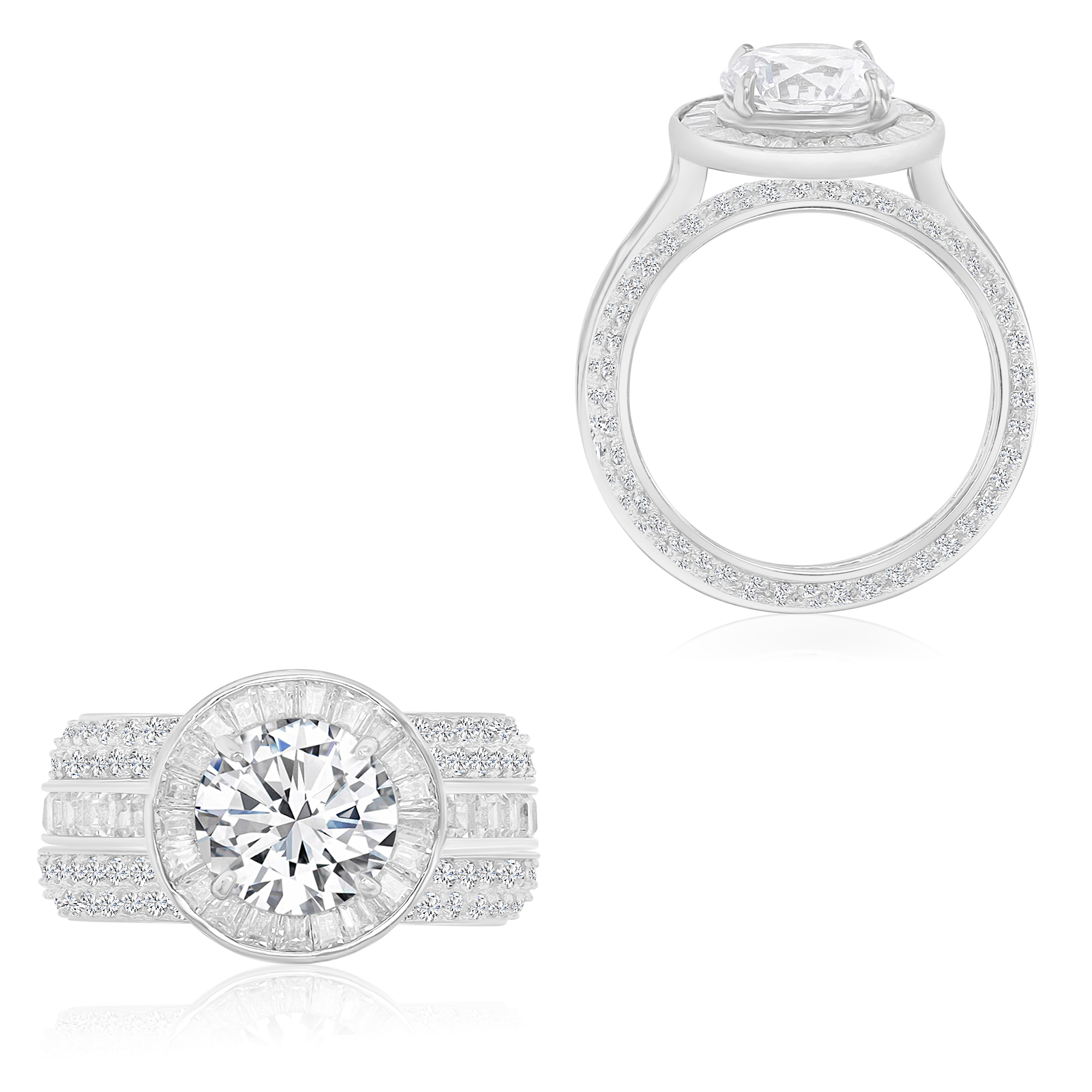 Sterling Silver Rhodium 4.05mm Round Cut Baguette Engagement Trio Band Set 