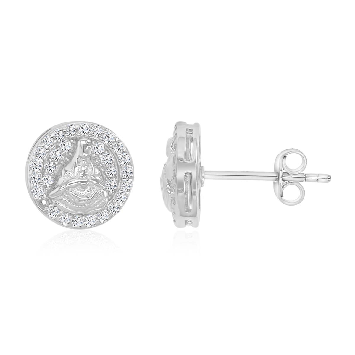 Sterling Silver Rhodium Pave Religious Jesus Round Stud Earring