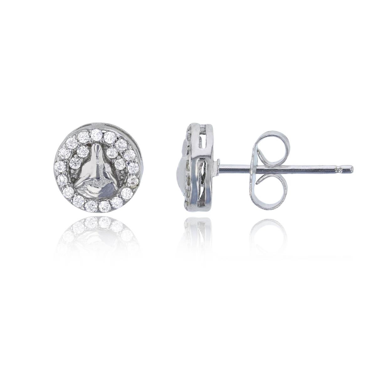 Sterling Silver Rhodium Pave Religious Jesus Round Stud Earring