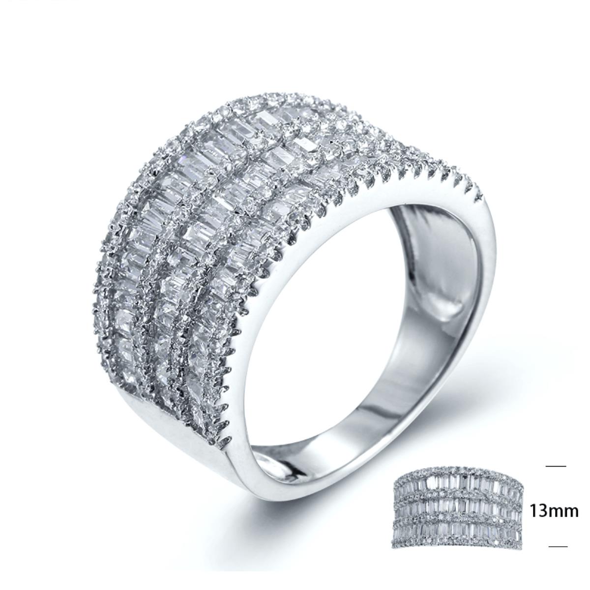 Sterling Silver Rhodium Pave Baguette Cocktail Fashion Ring
