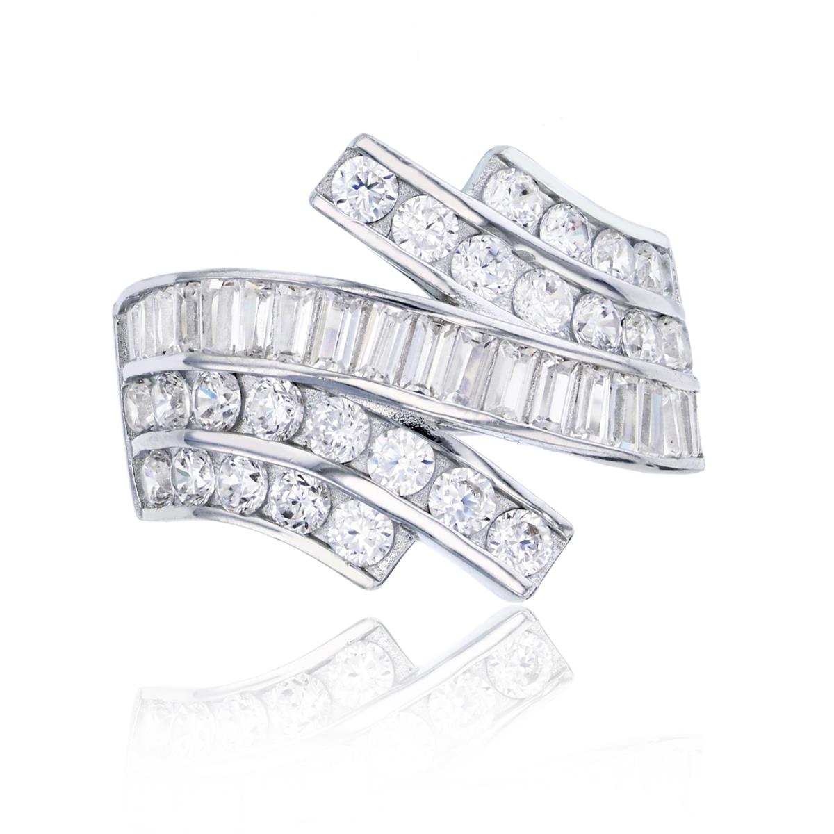 Sterling Silver Rhodium Asymmetric Baguette CZ Fashion Ring