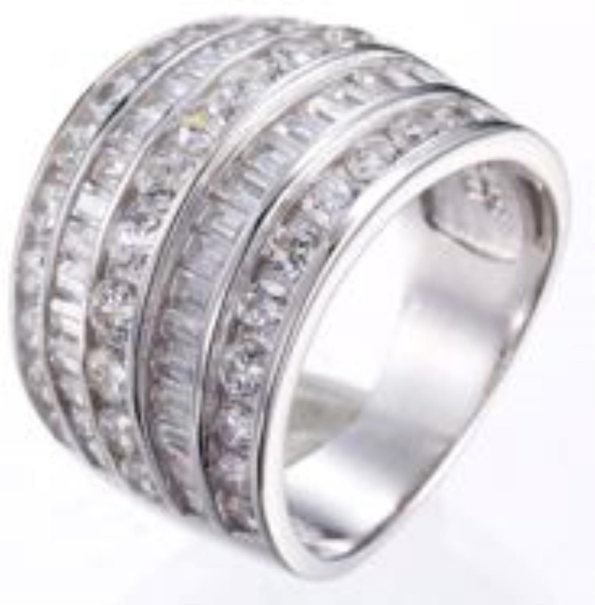 Sterling Silver Rhodium 5-Row Baguette & Round Cut Fashion Cocktail Ring