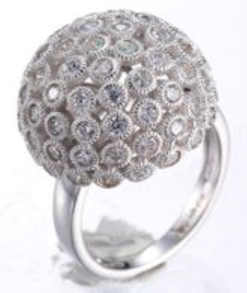 Sterling Silver Rhodium Round Pave Dome Fashion Cocktail Ring