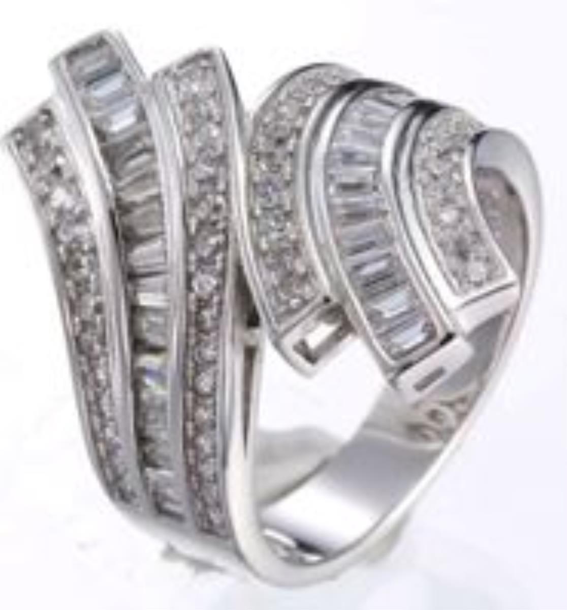 Sterling Silver Rhodium Baguette Pave Curved Pavements Fashion Cocktail Ring
