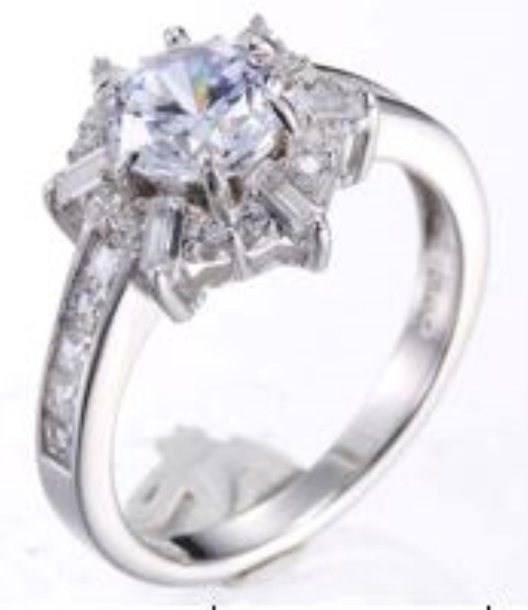Sterling Silver Rhodium Hexagon Flower Baguette Engagement Ring