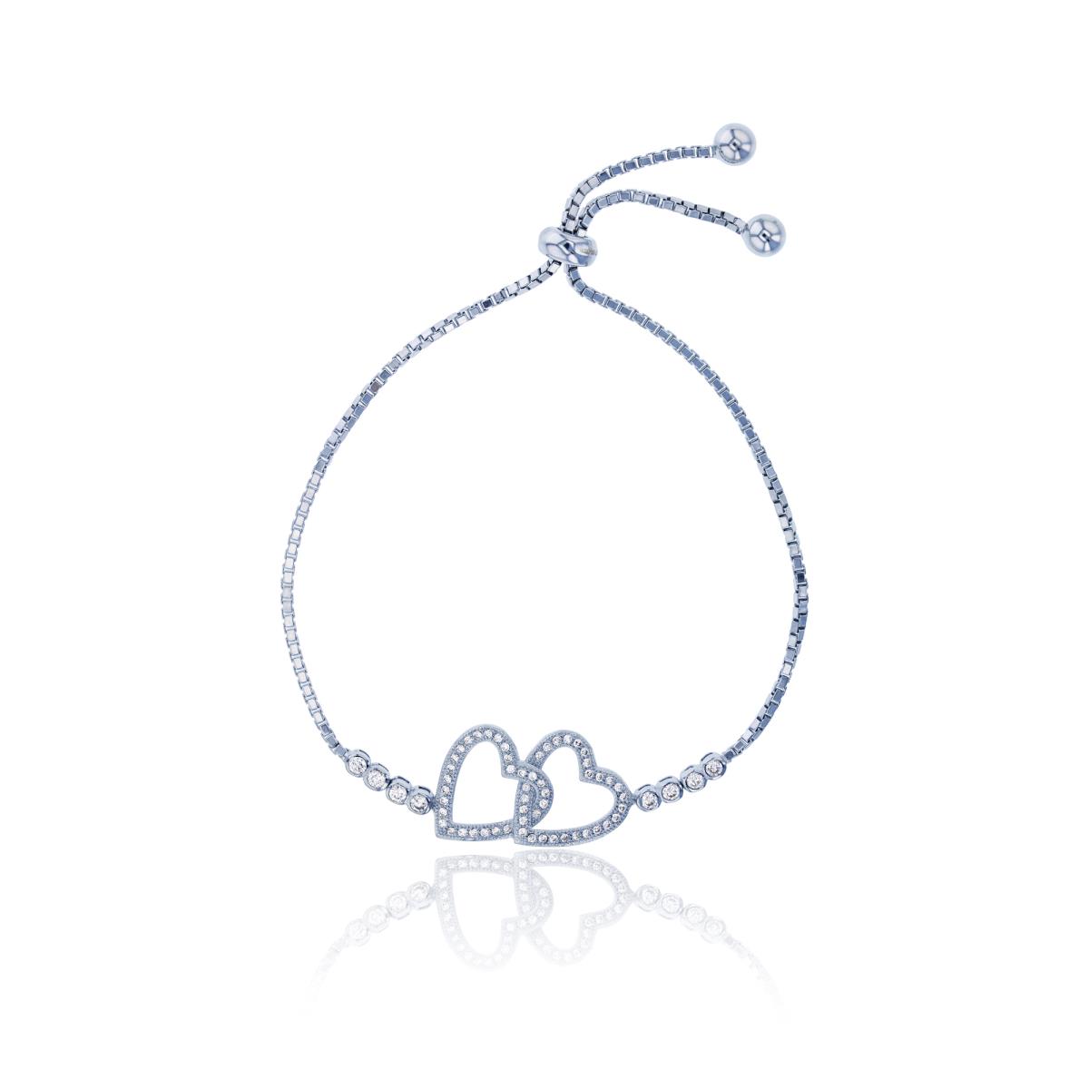 Sterling Silver Rhodium Pave Interlocked Double Heart & Bezel Adjustable Bracelet