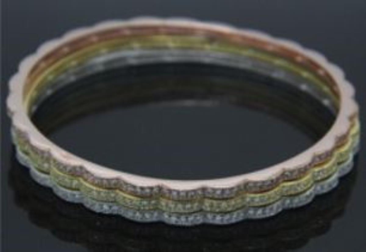 Sterling Silver Tricolor Pave Scallop-Edge Stacker Bangles