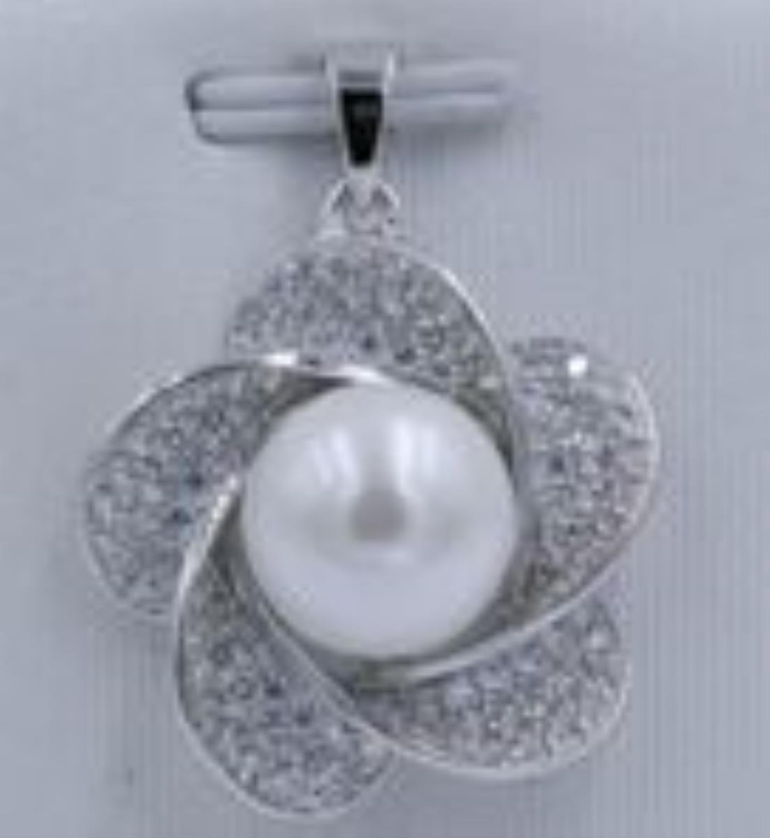 Sterling Silver Rhodium Fresh Water Pearl CZ Flower Pendant