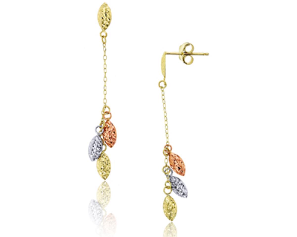 14K Tri-Color Gold Diamond Cut Puff Rice Bead Dangling Earring