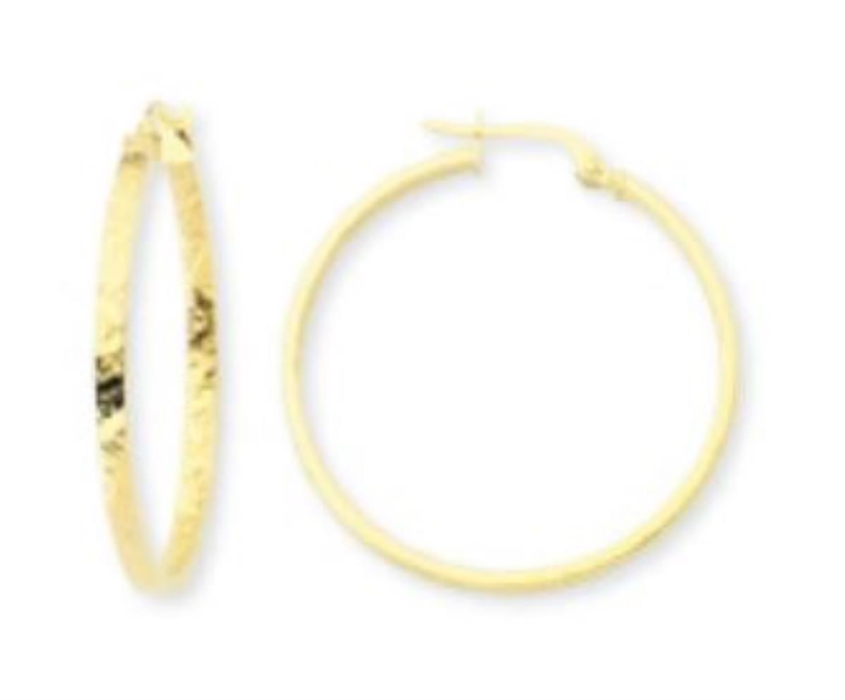 14K Yellow Gold 2.5X35mm Hammered Textured Hoop Earring