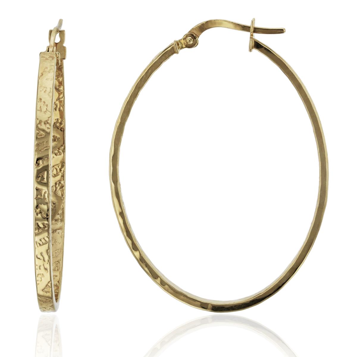 14K Yellow Gold 2.5X40mm Hammered Textured Oval Hoop Earring