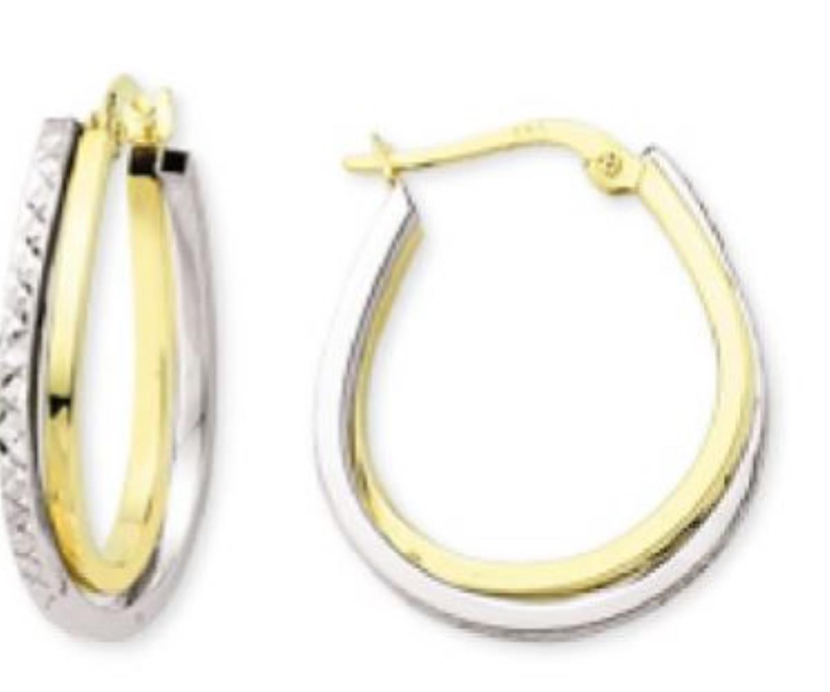 14K Two-Tone Gold 3X28mm Diamond Cut and High Polish Overlapping Hoop Earring