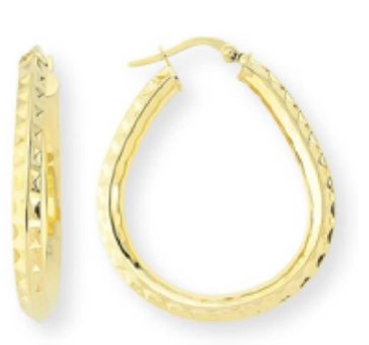 14K Yellow Gold 3.5X35mm Textured Pear Shape Hoop Earring