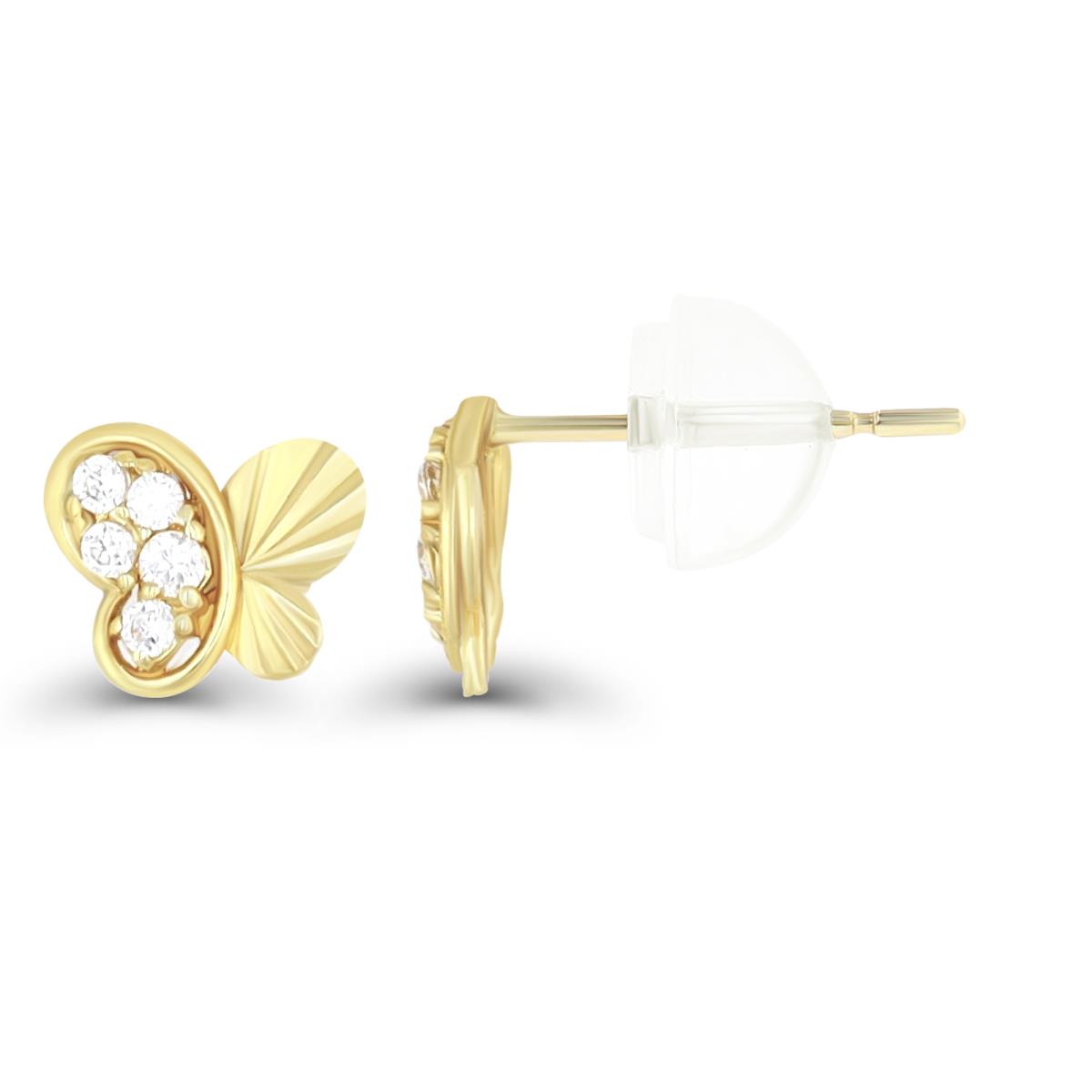 14K Yellow Gold Diamond Cut Micropave Heart Butterfly CZ Stud Earring
