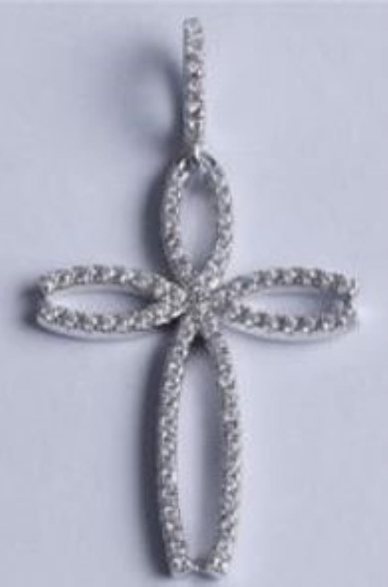 Sterling Silver Rhodium 23.50x42.00mm Pave Rounded Cross Pendant