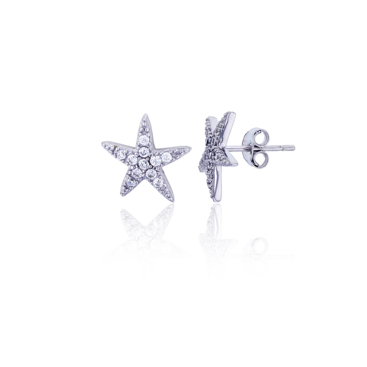 Sterling Silver Rhodium Pave Star Stud Earring