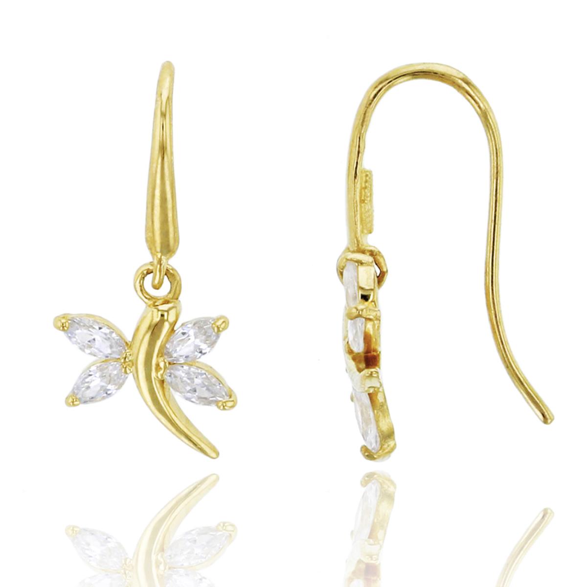 14K Yellow Gold Marquise Cut Flying Dragonfly CZ Dangling Earring
