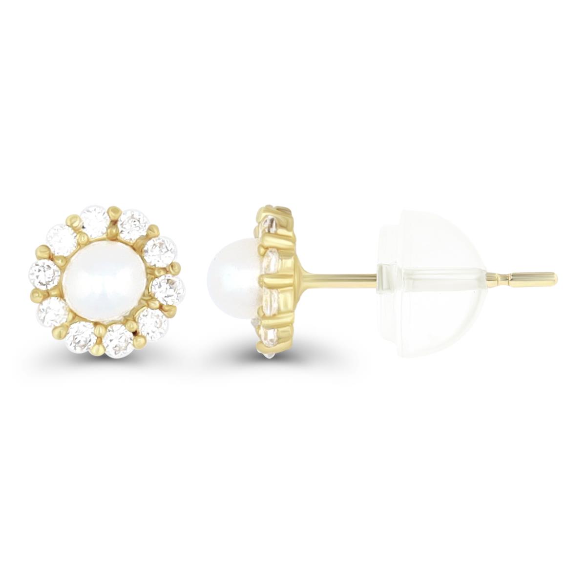 14K Yellow Gold Micropave Freshwater Pearl Flower CZ Stud Earring