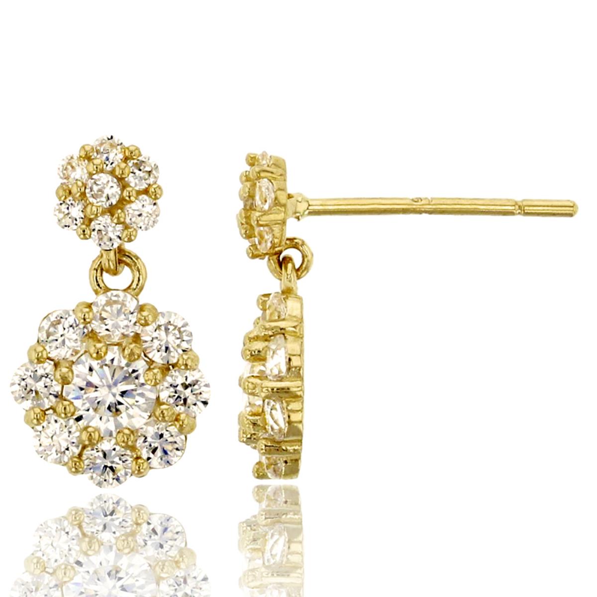 14K Yellow Gold Micropave Round Cut Cluster Flower CZ Dangling Earring