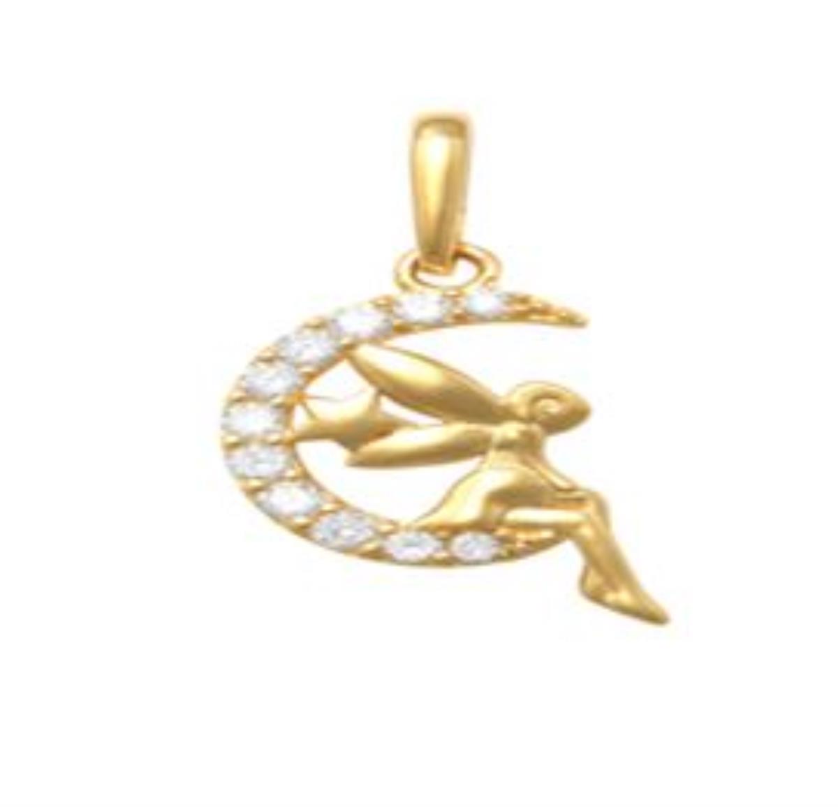 14K Yellow Gold Micropave Moon with Angel Dangling Pendant